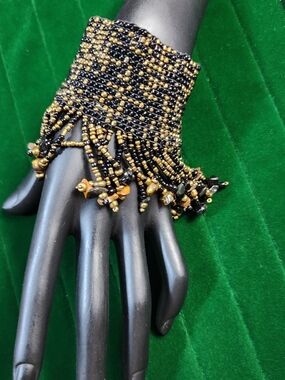 Vintage Bold Handmade Beaded Fringe Cuff Bracelet in Black and Gold